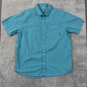 Stio Mens XL Short Sleeve Gingham Pearl Snap Western Shirt Teal White 2132
